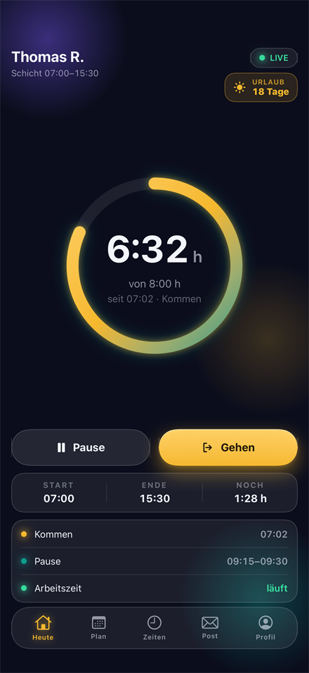 SHIFTDECK Zeiterfassung — laufende Arbeitszeit mit Pause und Gehen