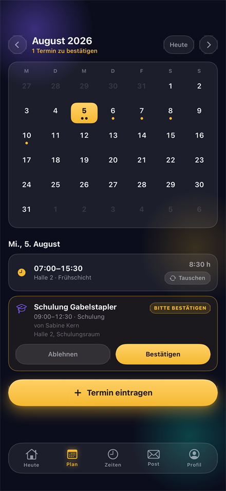 SHIFTDECK Zeiterfassung — Dienstplan mit Schichten und Terminen