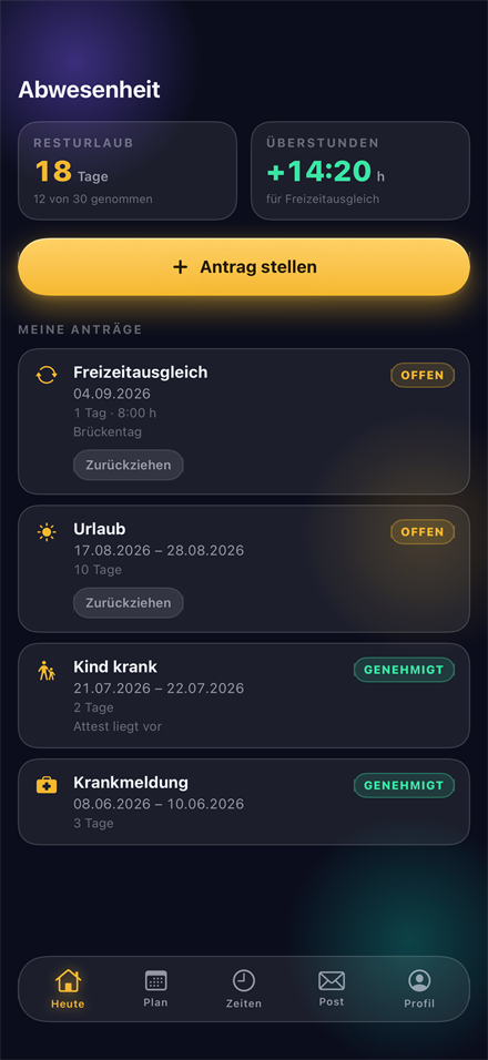 SHIFTDECK Zeiterfassung — Resturlaub und eigene Anträge