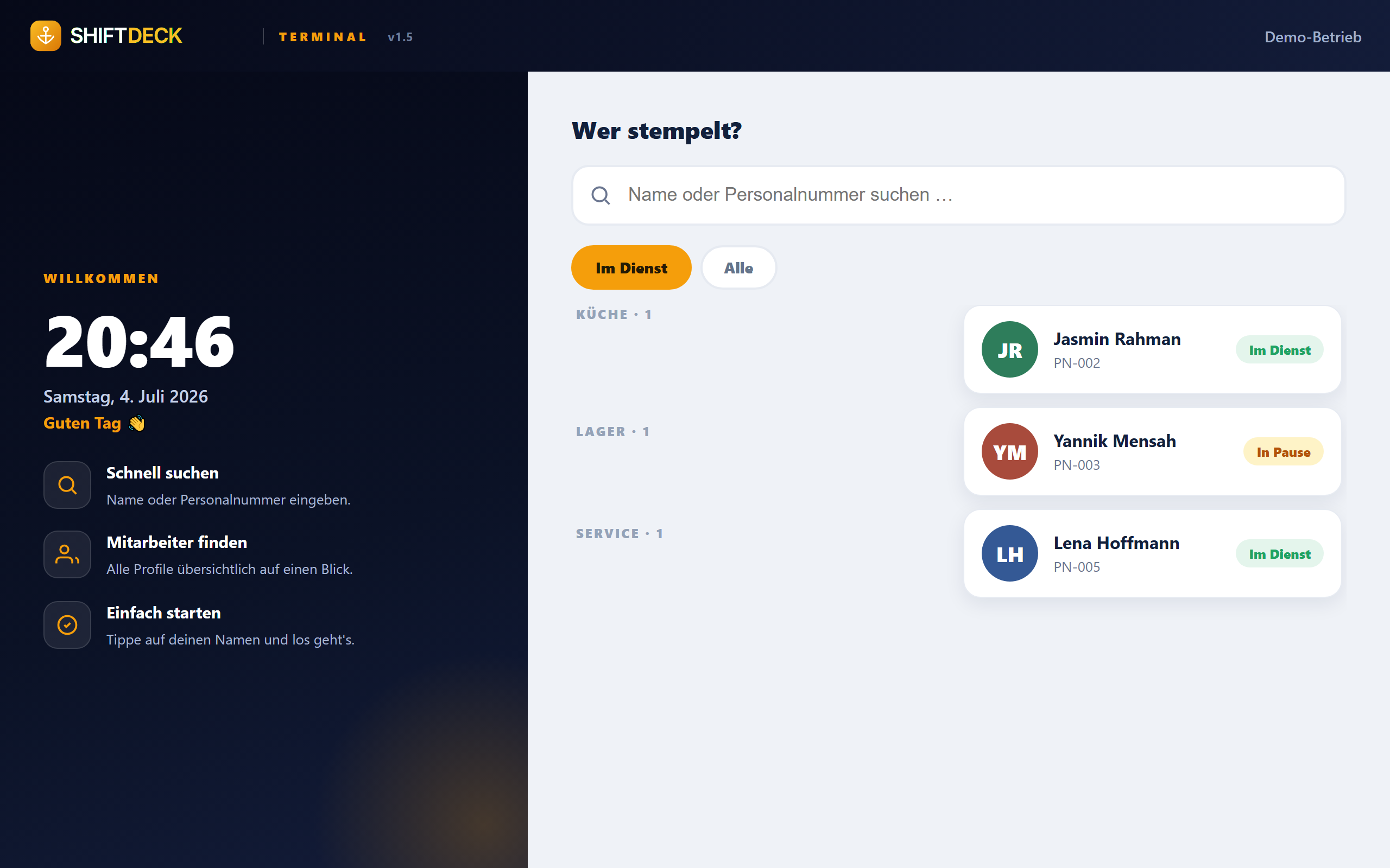 SHIFTDECK Terminal — Mitarbeiter-Auswahl