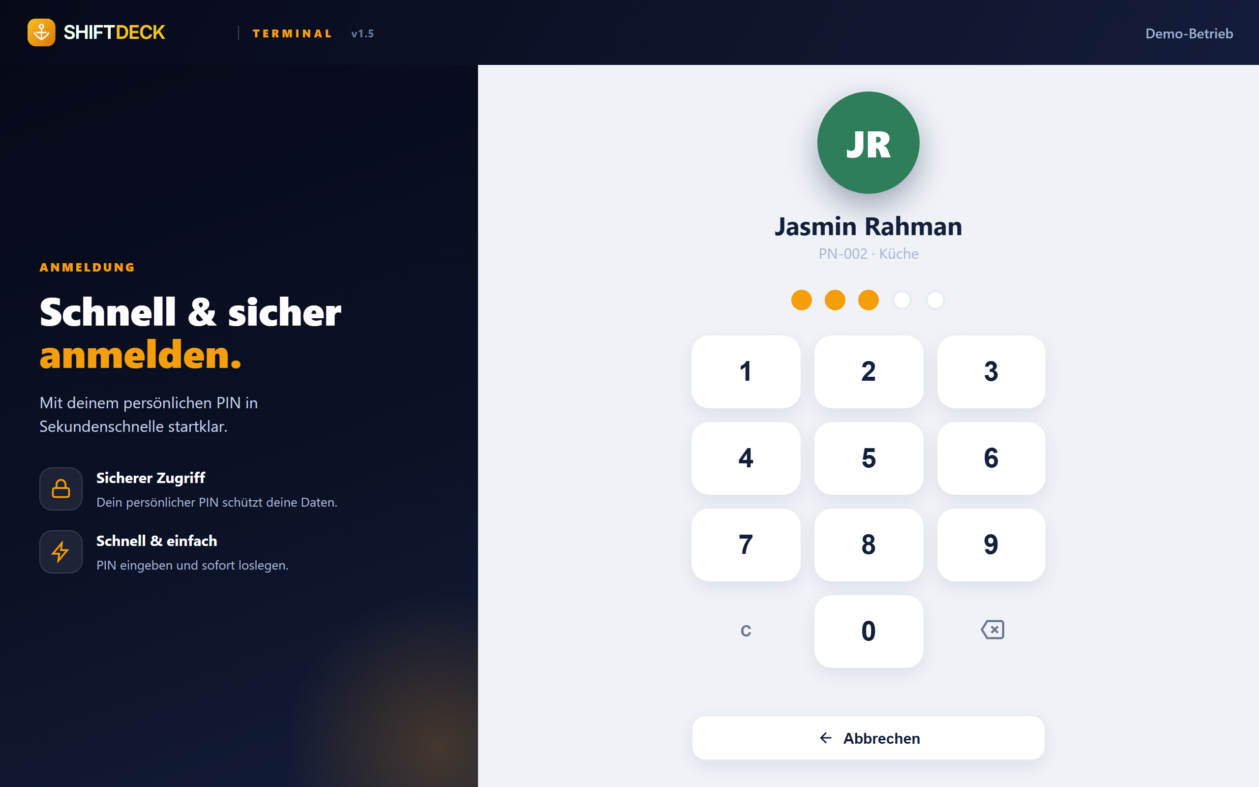 SHIFTDECK Terminal — PIN-Eingabe
