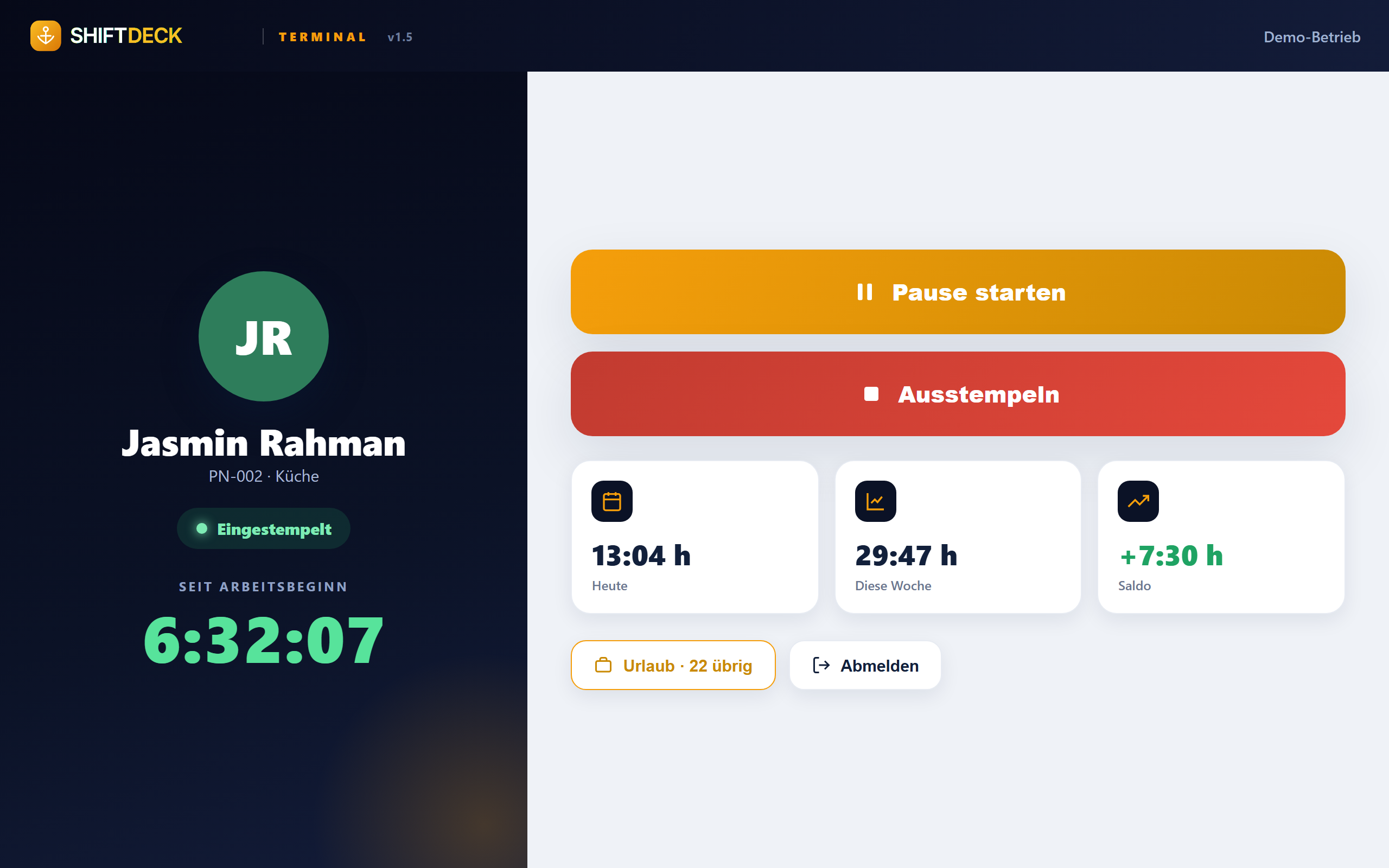 SHIFTDECK Terminal — Stempeln