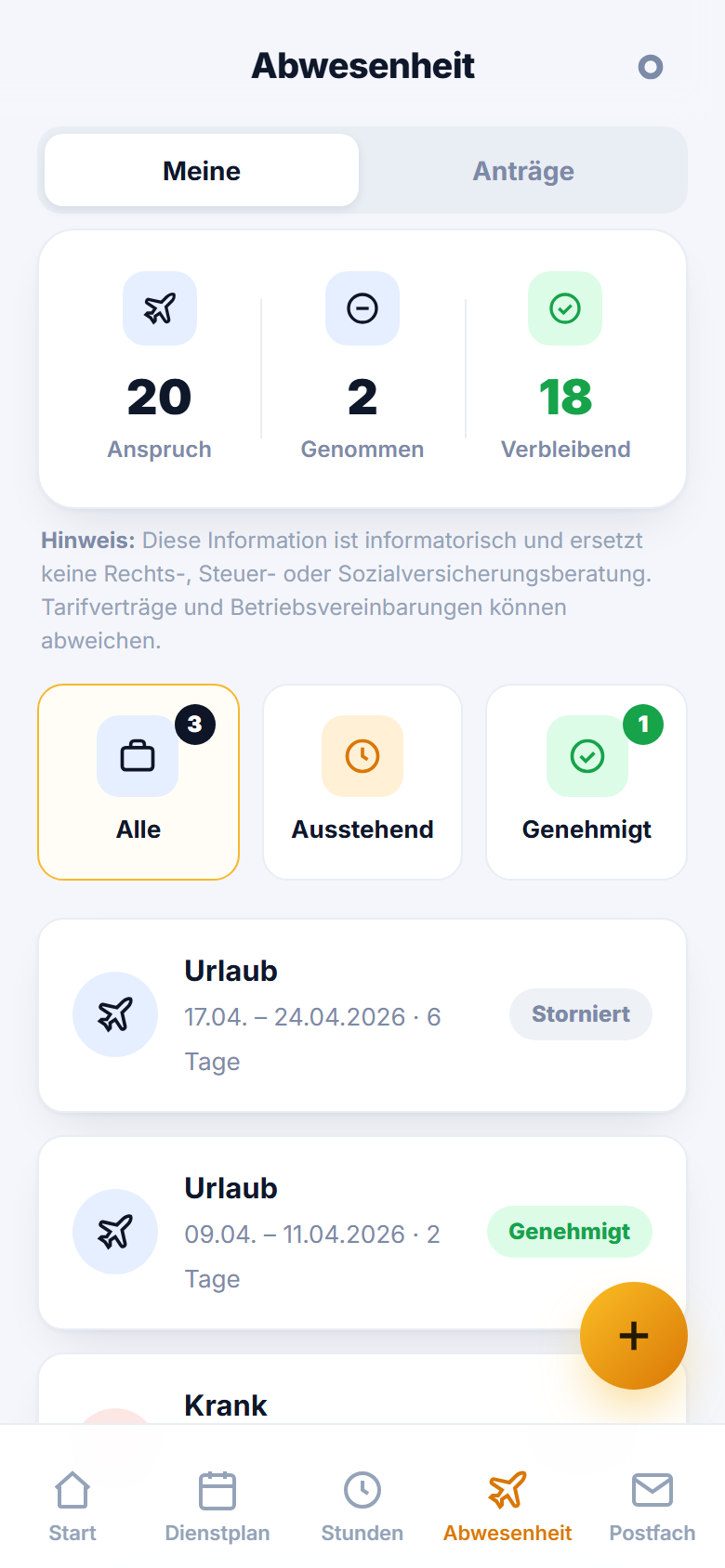 SHIFTDECK App — Abwesenheiten