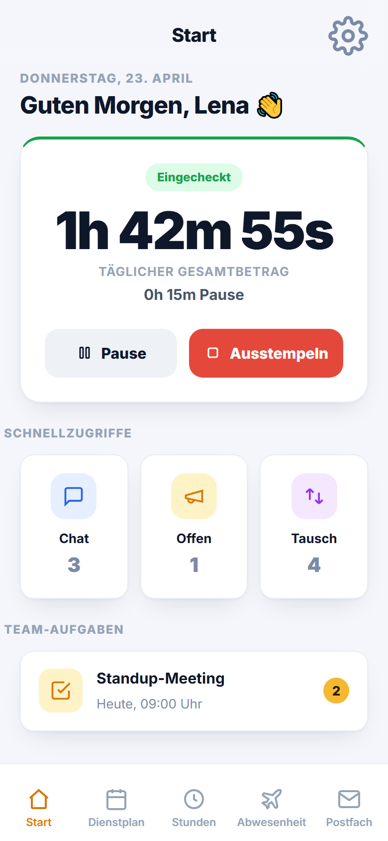 SHIFTDECK App — Start und Stempeluhr