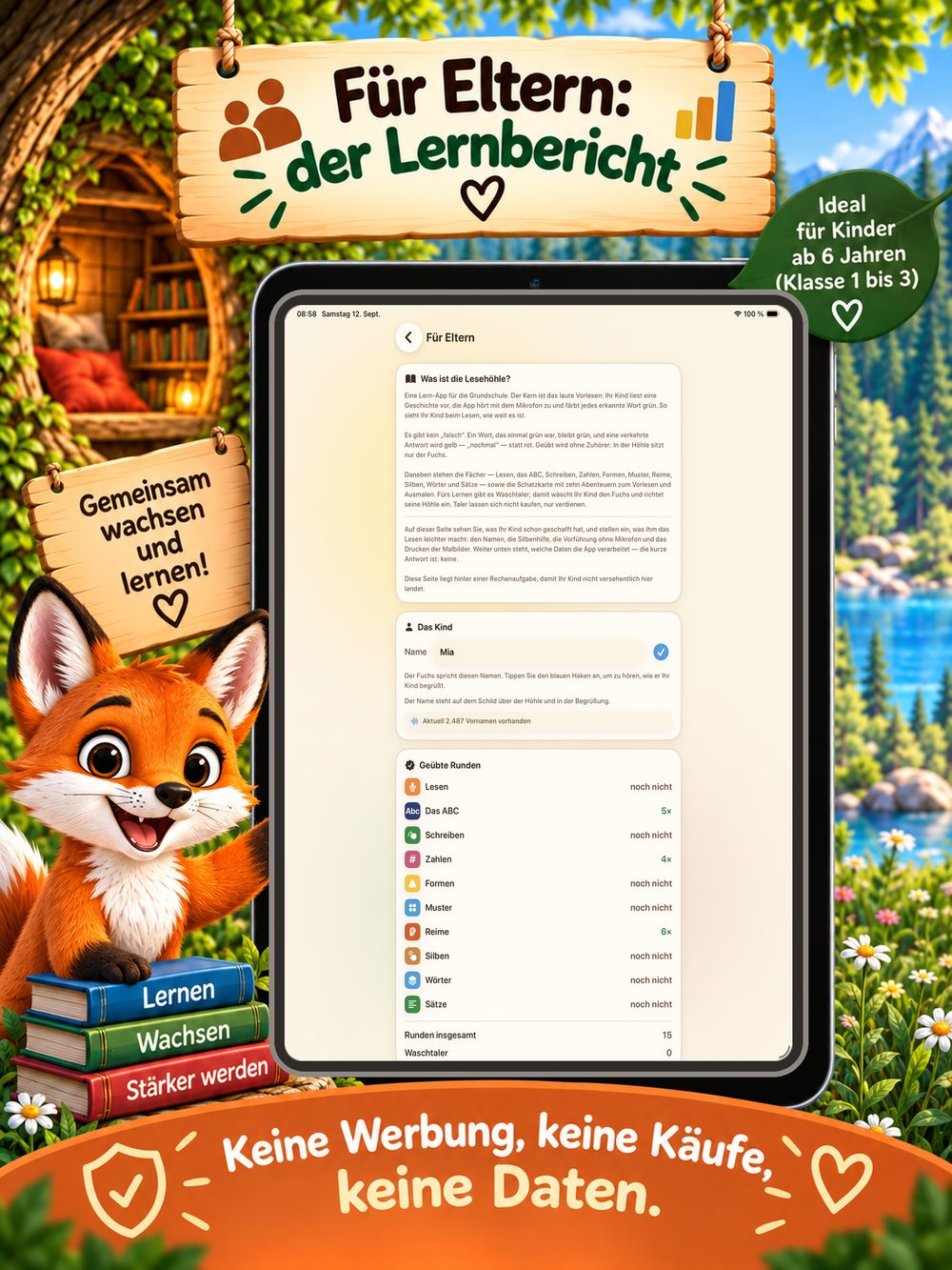 Der Elternbereich auf dem iPad: Erklärungstext, Bereich „Das Kind“ und der Lernbericht mit einer Liste geübter Fächer. Holzschild: „Für Eltern: der Lernbericht“.