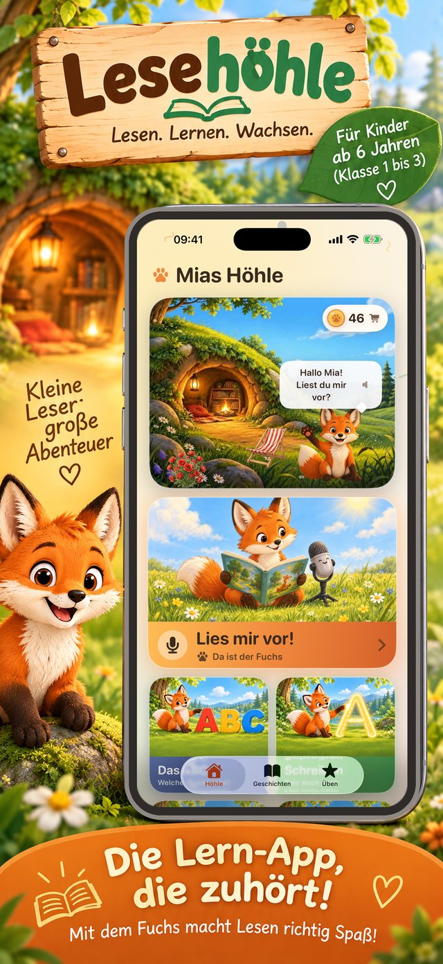Die Lesehöhle im App Store: „Die Lern-App, die zuhört!“ — ein iPhone mit Mias Höhle, daneben der Fuchs, für Kinder ab 6 Jahren (Klasse 1 bis 3).