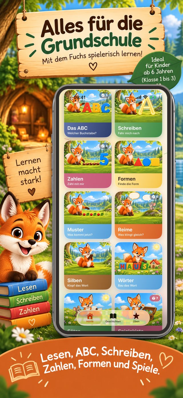 iPhone-Ansicht „Alles für die Grundschule“: bunte Kacheln für Das ABC, Schreiben, Zahlen, Formen, Muster, Reime, Silben und Wörter, daneben ein Bücherstapel mit Lesen, Schreiben, Zahlen.