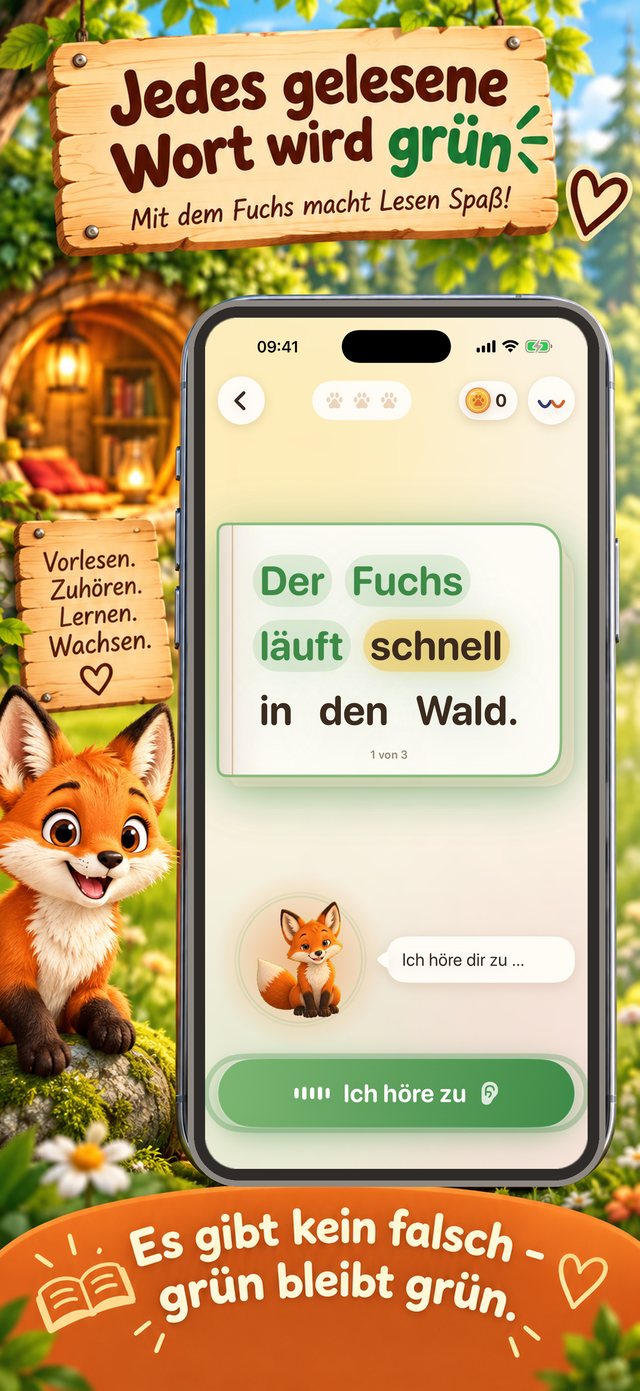 iPhone-Ansicht beim Lesen: Der Satz „Der Fuchs läuft schnell in den Wald.“ auf hellem Papier, die ersten Wörter grün hinterlegt, darunter der Fuchs mit der Sprechblase „Ich höre dir zu“ und ein grüner Knopf „Ich höre zu“.