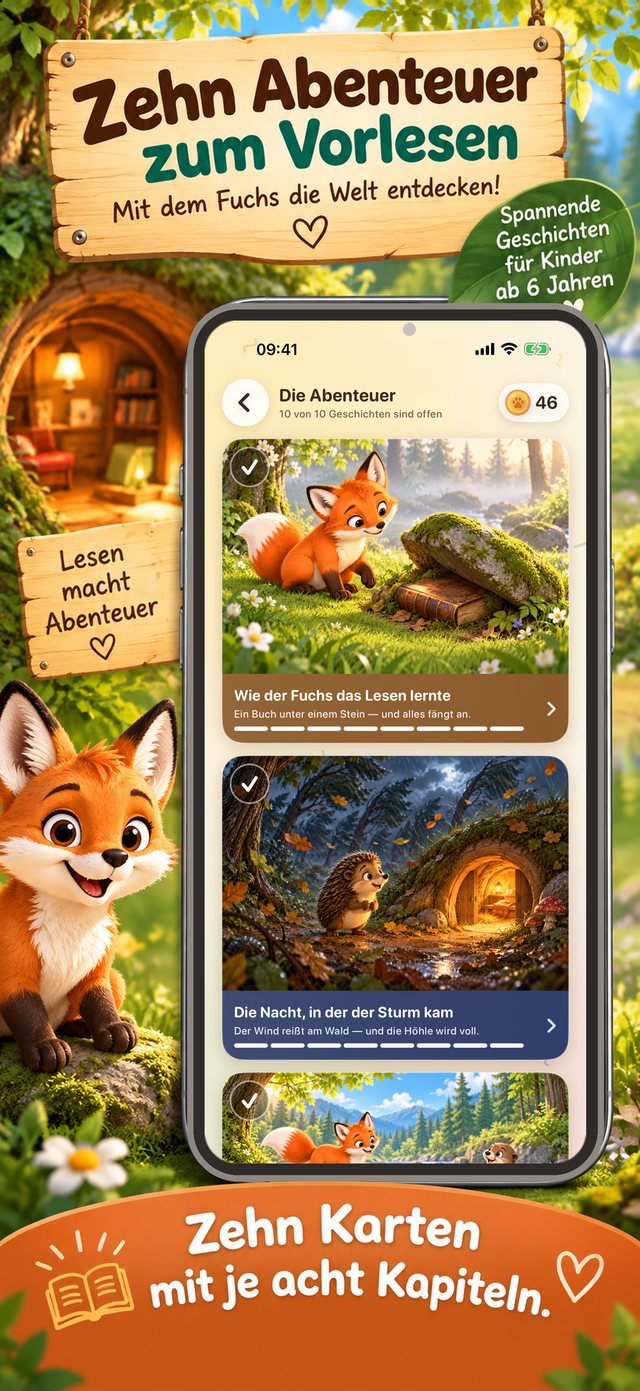 iPhone-Ansicht „Die Abenteuer“: Karten mit Bildern, darunter „Wie der Fuchs das Lesen lernte“ und „Die Nacht, in der der Sturm kam“, mit Fortschrittsanzeige.