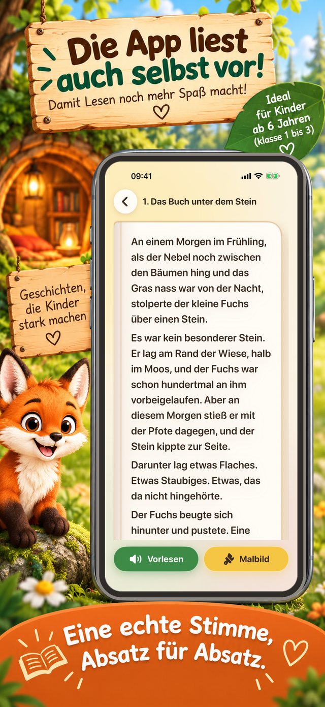 iPhone-Ansicht eines Kapitels: „Das Buch unter dem Stein“ als Fließtext auf Papier, unten die Knöpfe „Vorlesen“ und „Malbild“.