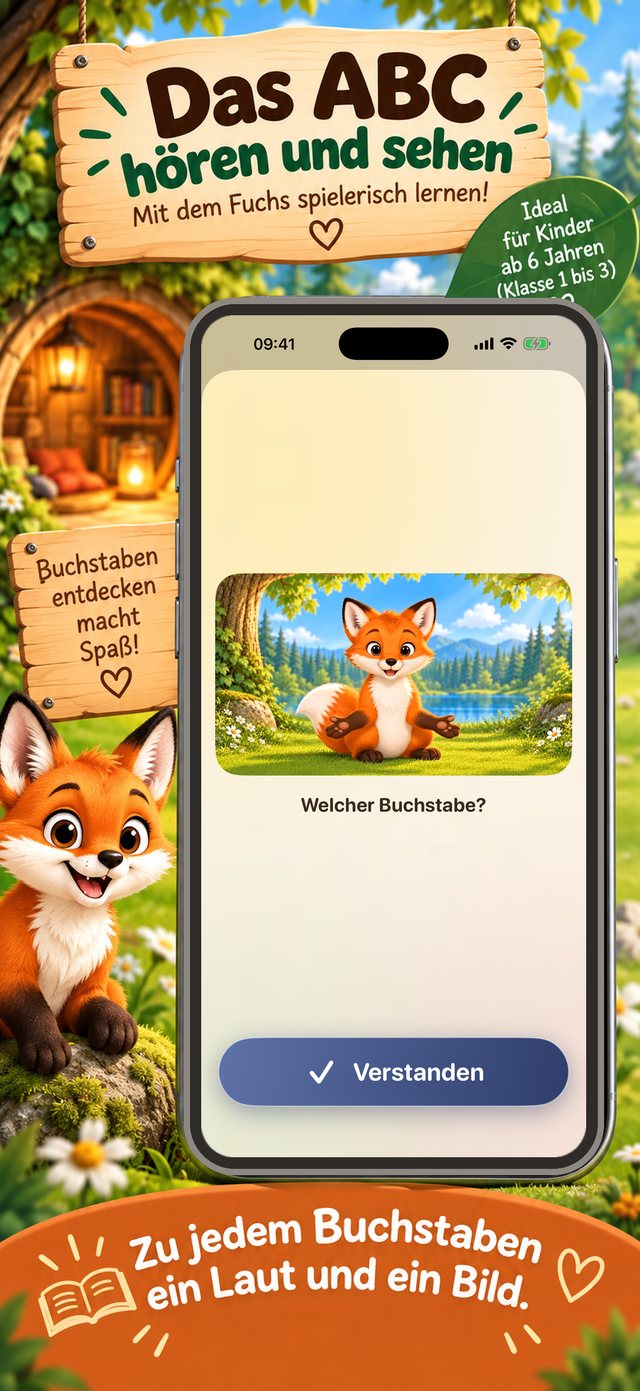 iPhone-Ansicht „Das ABC“: der Fuchs auf einer Wiese, darunter die Frage „Welcher Buchstabe?“ und ein blauer Knopf „Verstanden“.