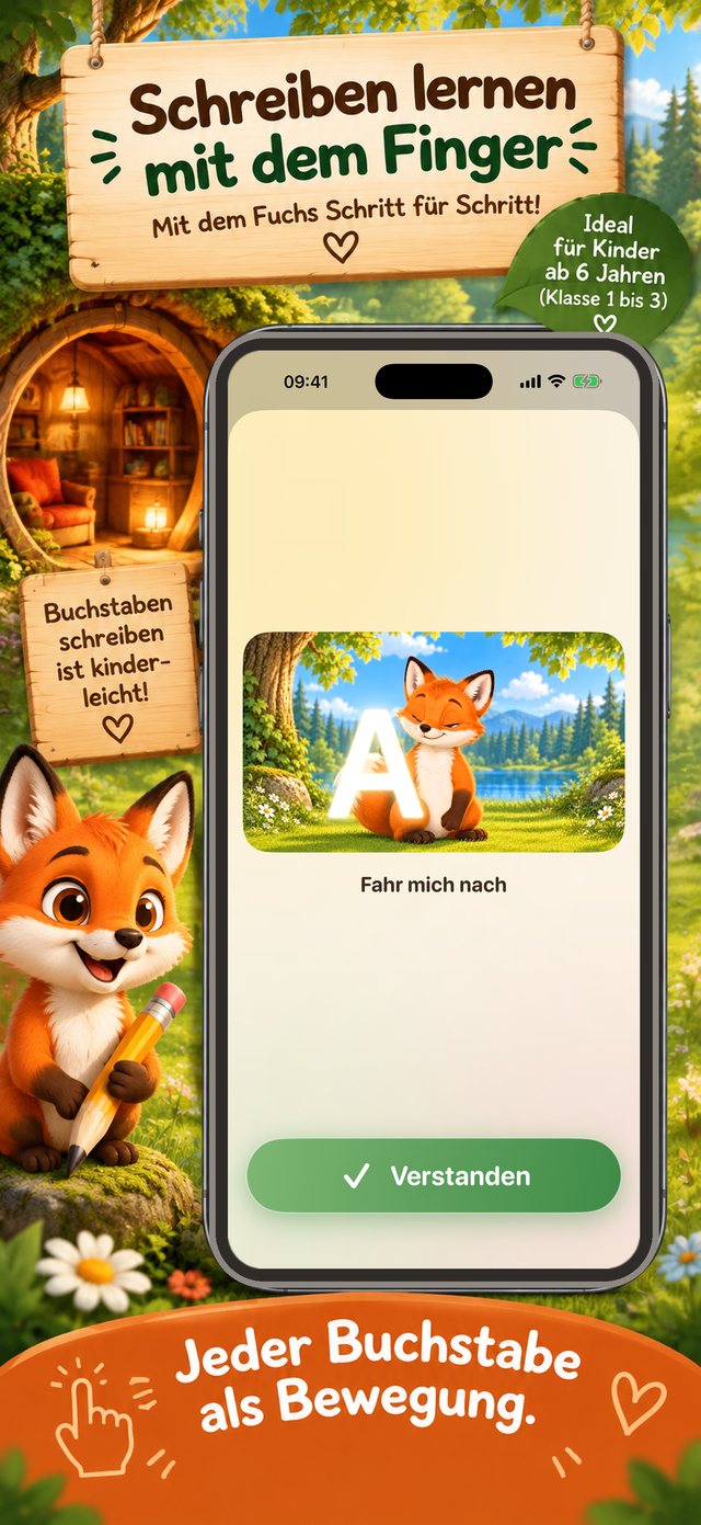 iPhone-Ansicht „Schreiben“: ein großes A vor einem Waldbild, darunter „Fahr mich nach“ und ein grüner Knopf „Verstanden“.