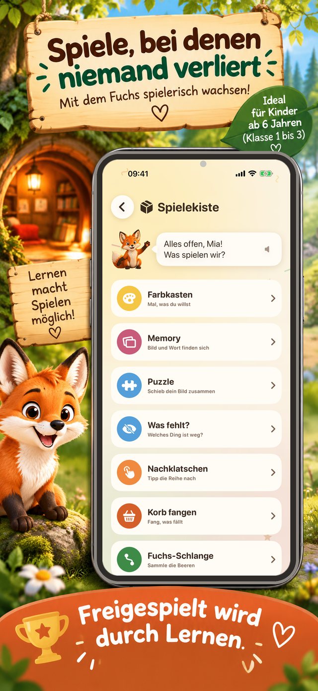 iPhone-Ansicht „Spielekiste“: der Fuchs fragt „Alles offen, Mia! Was spielen wir?“, darunter die Liste Farbkasten, Memory, Puzzle, Was fehlt?, Nachklatschen, Korb fangen, Fuchs-Schlange.